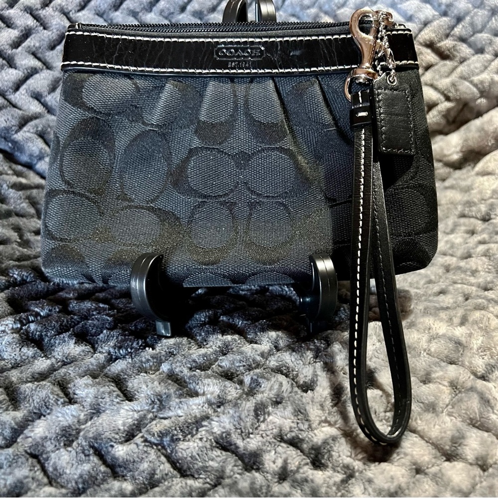 Coach Signature C Logo/Monogram Black Canvas Wristlet.